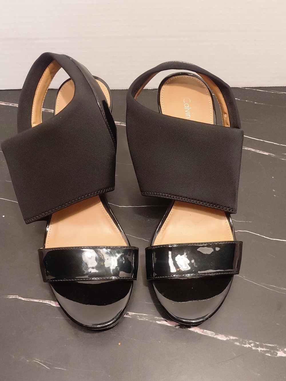Calvin Klein Black Patent Toe & Stretch Band Sandals